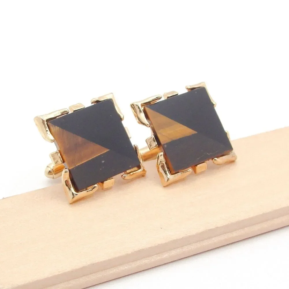 Vintage Simmons Karatclad Tigers Eye Black Onyx Square Cufflinks Modernist MCM